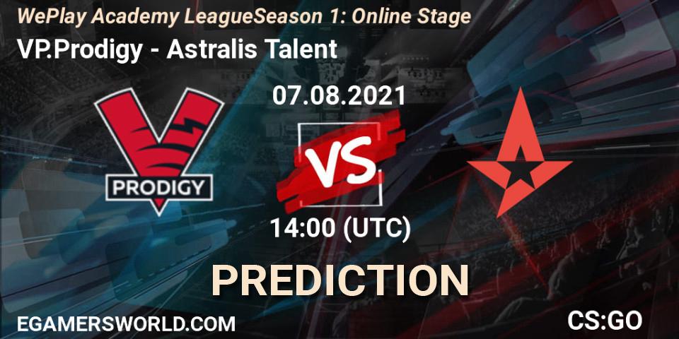 Pronósticos VP.Prodigy - Astralis Talent. 07.08.2021 at 14:00. WePlay Academy League Season 1: Online Stage - Counter-Strike (CS2)