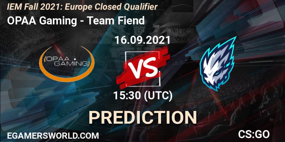 Pronósticos OPAA Gaming - Team Fiend. 16.09.2021 at 15:30. IEM Fall 2021: Europe Closed Qualifier - Counter-Strike (CS2)