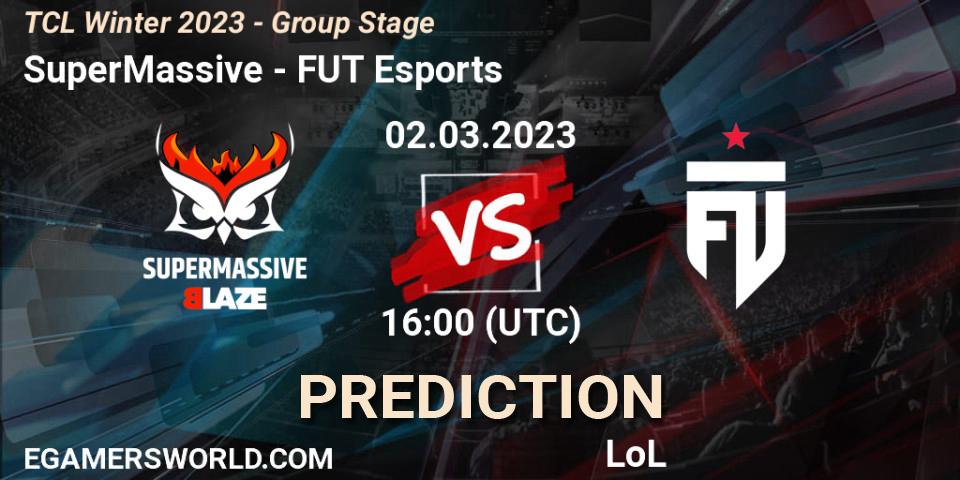 Pronósticos SuperMassive - FUT Esports. 09.03.2023 at 16:00. TCL Winter 2023 - Group Stage - LoL