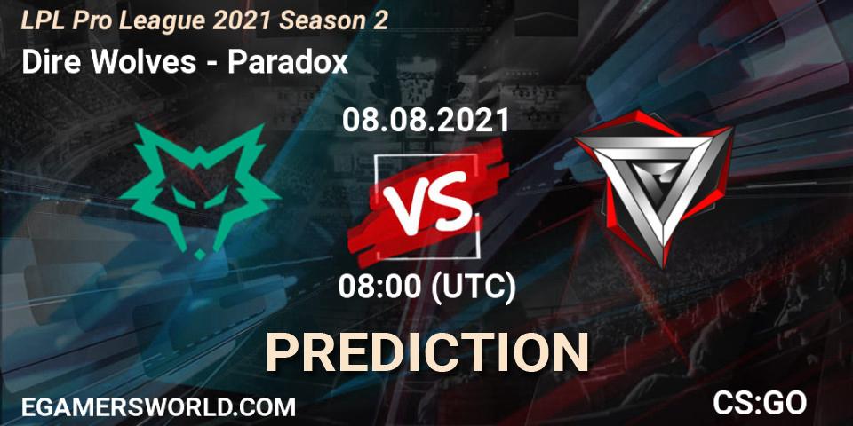 Pronósticos Dire Wolves - Paradox. 08.08.2021 at 05:00. LPL Pro League 2021 Season 2 - Counter-Strike (CS2)
