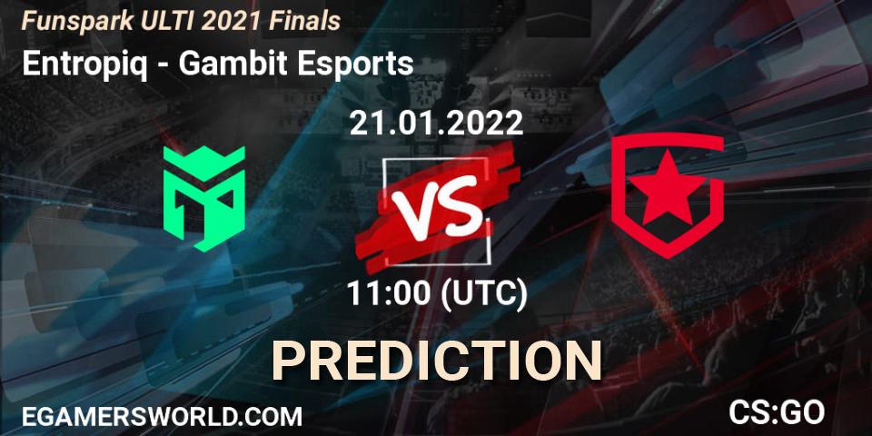Pronósticos Entropiq - Gambit Esports. 21.01.2022 at 11:00. Funspark ULTI 2021 Finals - Counter-Strike (CS2)