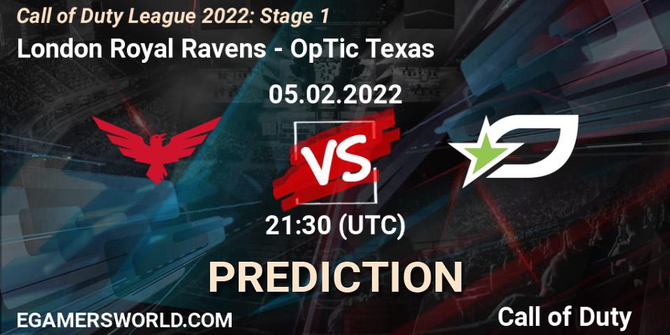 Pronósticos London Royal Ravens - OpTic Texas. 05.02.22. Call of Duty League 2022: Stage 1 - Call of Duty