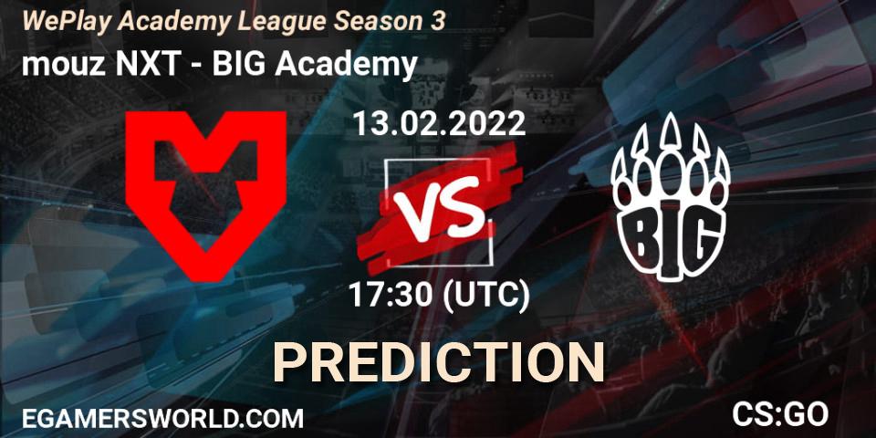 Pronósticos mouz NXT - BIG Academy. 13.02.2022 at 17:30. WePlay Academy League Season 3 Finals - Counter-Strike (CS2)