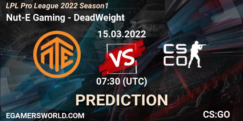 Pronósticos Nut-E Gaming - DeadWeight. 15.03.2022 at 11:35. LPL Pro League 2022 Season 1 - Counter-Strike (CS2)
