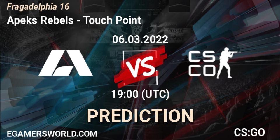 Pronósticos Apeks Rebels - Touch Point. 06.03.2022 at 19:25. Fragadelphia 16 - Counter-Strike (CS2)