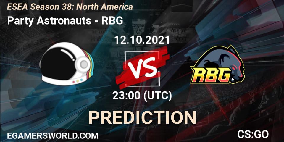 Pronósticos Party Astronauts - RBG. 13.10.2021 at 00:00. ESEA Season 38: North America - Counter-Strike (CS2)