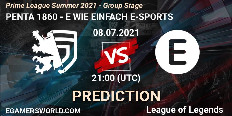 Pronósticos PENTA 1860 - E WIE EINFACH E-SPORTS. 08.07.2021 at 20:00. Prime League Summer 2021 - Group Stage - LoL