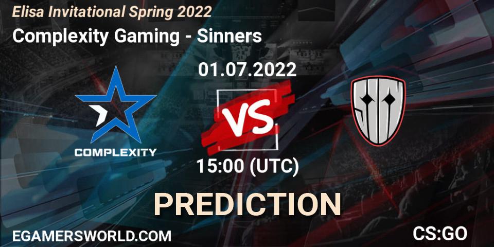 Pronósticos Complexity Gaming - Sinners. 01.07.2022 at 15:20. Elisa Invitational Spring 2022 - Counter-Strike (CS2)