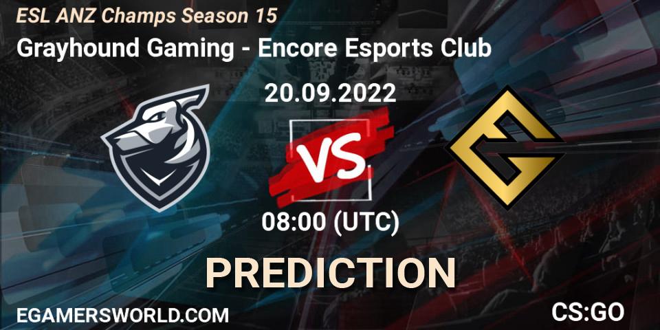 Pronósticos Grayhound Gaming - Encore Esports Club. 20.09.2022 at 08:00. ESL ANZ Champs Season 15 - Counter-Strike (CS2)