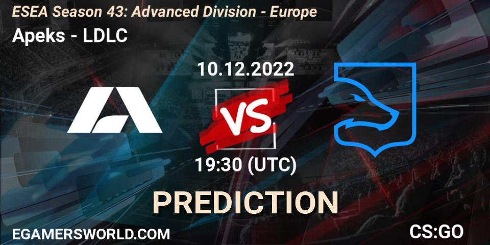 Pronósticos Apeks - LDLC. 10.12.2022 at 19:30. ESEA Season 43: Advanced Division - Europe - Counter-Strike (CS2)