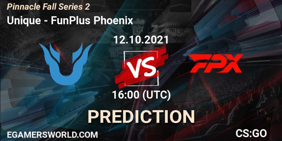 Pronósticos Unique - FunPlus Phoenix. 12.10.2021 at 16:00. Pinnacle Fall Series #2 - Counter-Strike (CS2)