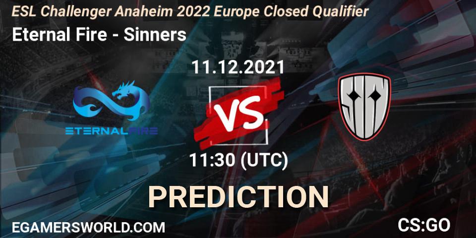 Pronósticos Eternal Fire - Sinners. 11.12.2021 at 11:30. ESL Challenger Anaheim 2022 Europe Closed Qualifier - Counter-Strike (CS2)