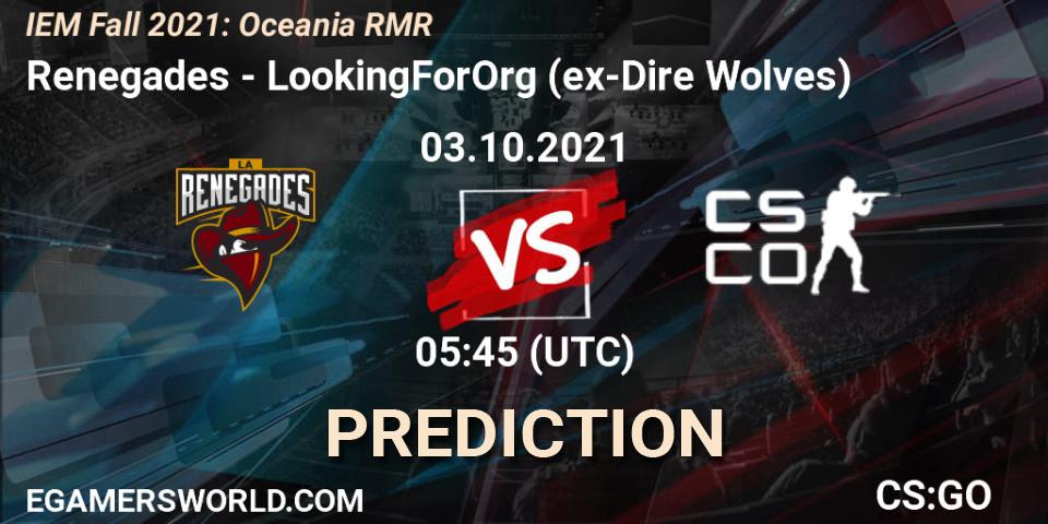 Pronósticos Renegades - LookingForOrg (ex-Dire Wolves). 03.10.2021 at 05:45. IEM Fall 2021: Oceania RMR - Counter-Strike (CS2)