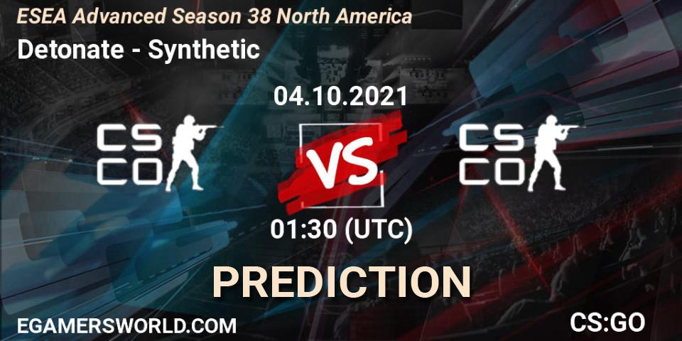 Pronósticos Detonate - Synthetic. 05.10.2021 at 01:00. ESEA Advanced Season 38 North America - Counter-Strike (CS2)