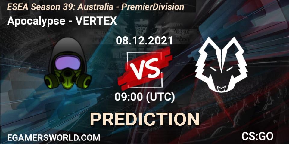 Pronósticos Apocalypse - VERTEX. 08.12.2021 at 09:00. ESEA Season 39: Australia - Premier Division - Counter-Strike (CS2)