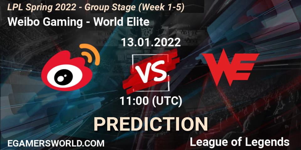 Pronósticos Weibo Gaming - World Elite. 13.01.2022 at 11:20. LPL Spring 2022 - Group Stage (Week 1-5) - LoL