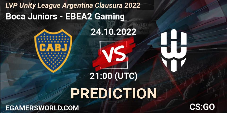 Pronósticos Boca Juniors - EBEA2 Gaming. 24.10.2022 at 21:00. LVP Unity League Argentina Clausura 2022 - Counter-Strike (CS2)