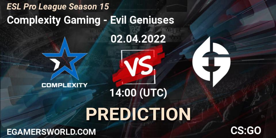 Pronósticos Complexity Gaming - Evil Geniuses. 02.04.22. ESL Pro League Season 15 - CS2 (CS:GO)