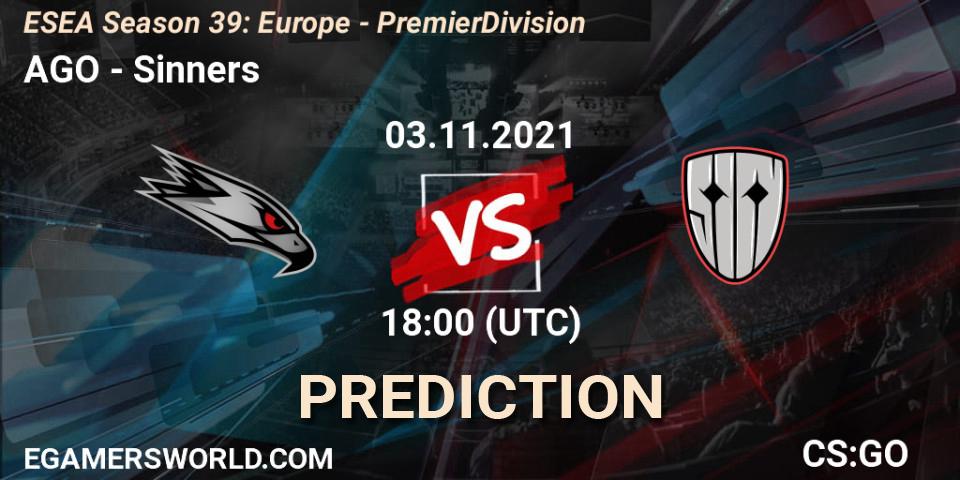 Pronósticos AGO - Sinners. 03.11.2021 at 18:00. ESEA Season 39: Europe - Premier Division - Counter-Strike (CS2)