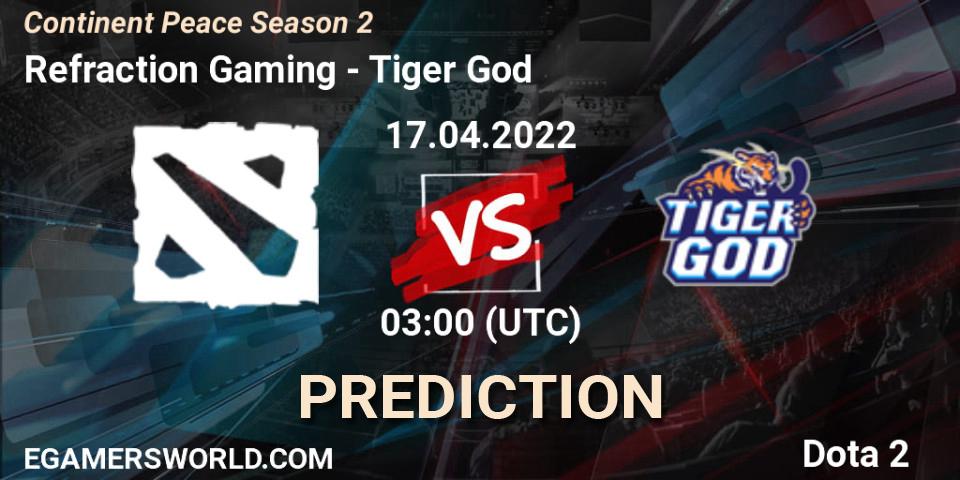 Pronósticos Refraction Gaming - Tiger God. 17.04.2022 at 03:04. Continent Peace Season 2 - Dota 2
