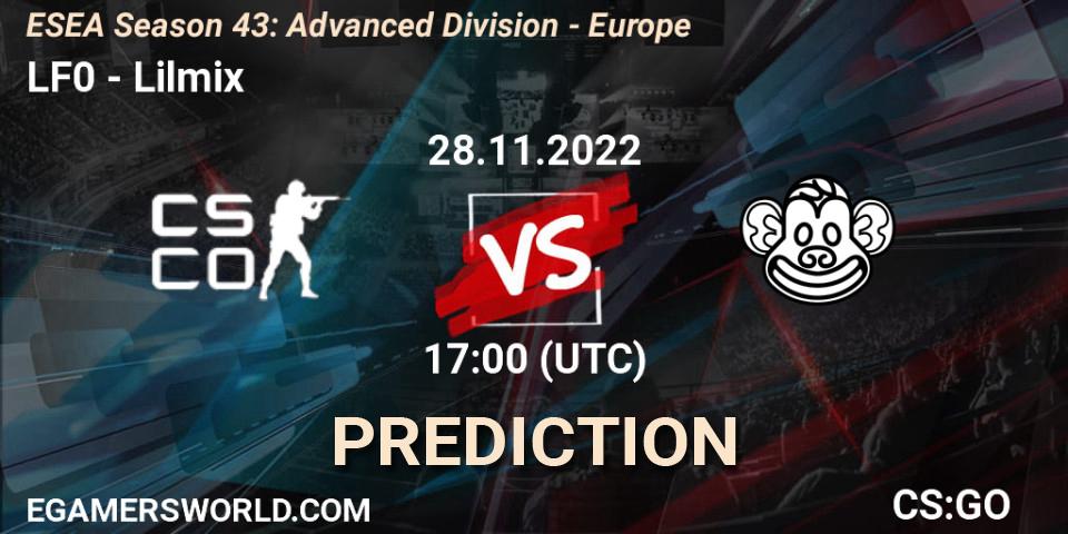 Pronósticos LF0 - Lilmix. 28.11.2022 at 17:00. ESEA Season 43: Advanced Division - Europe - Counter-Strike (CS2)