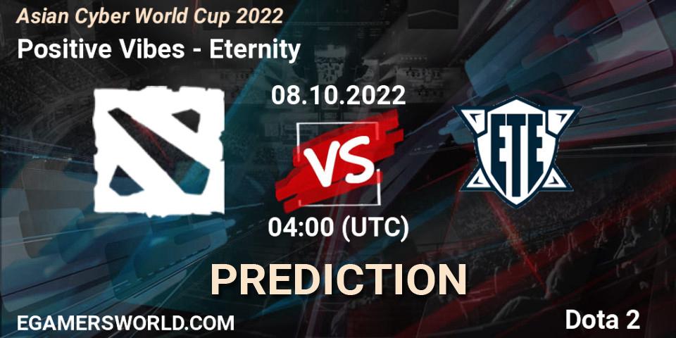 Pronósticos Positive Vibes - Eternity. 13.10.2022 at 04:00. Asian Cyber World Cup 2022 - Dota 2