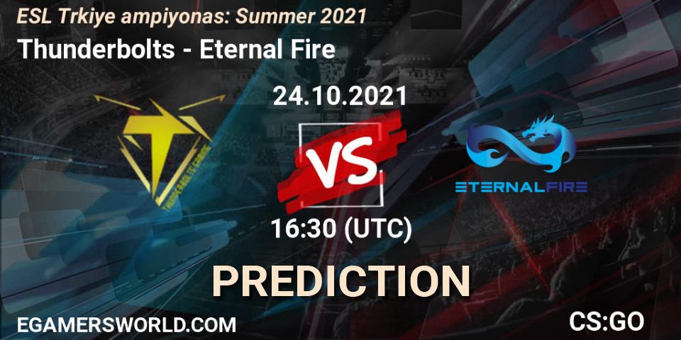 Pronósticos Thunderbolts - Eternal Fire. 24.10.2021 at 16:40. ESL Türkiye Şampiyonası: Summer 2021 - Counter-Strike (CS2)