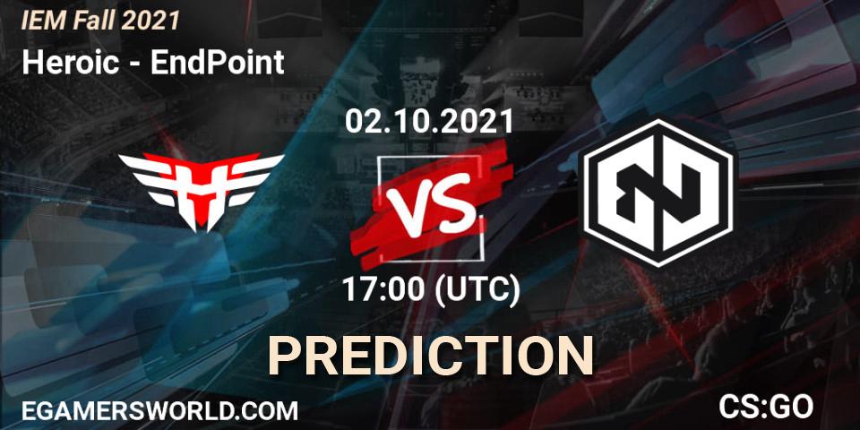Pronósticos Heroic - EndPoint. 02.10.2021 at 17:00. IEM Fall 2021: Europe RMR - Counter-Strike (CS2)