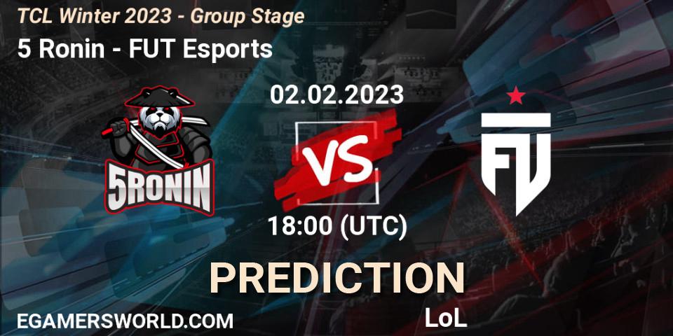 Pronósticos 5 Ronin - FUT Esports. 02.02.2023 at 18:00. TCL Winter 2023 - Group Stage - LoL