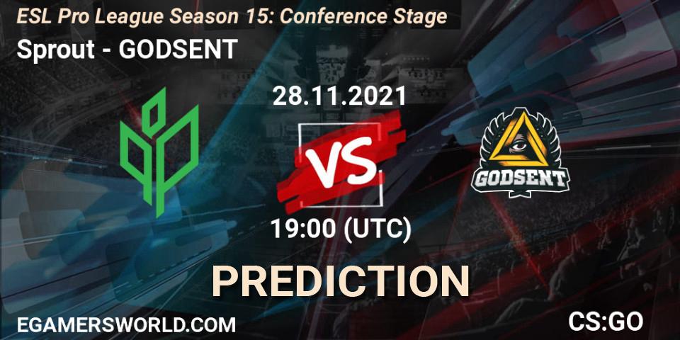 Pronósticos Sprout - GODSENT. 28.11.2021 at 19:00. ESL Pro League Season 15: Conference Stage - Counter-Strike (CS2)