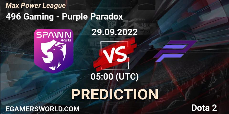 Pronósticos 496 Gaming - Purple Paradox. 29.09.2022 at 09:12. Max Power League - Dota 2
