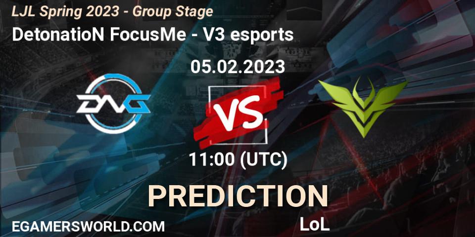 Pronósticos DetonatioN FocusMe - V3 esports. 05.02.23. LJL Spring 2023 - Group Stage - LoL