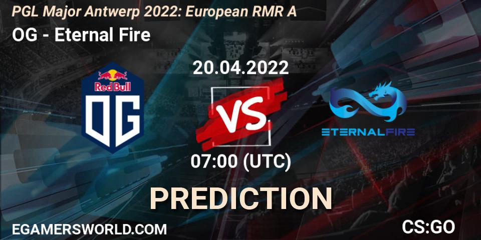 Pronósticos OG - Eternal Fire. 20.04.2022 at 07:00. PGL Major Antwerp 2022: European RMR A - Counter-Strike (CS2)