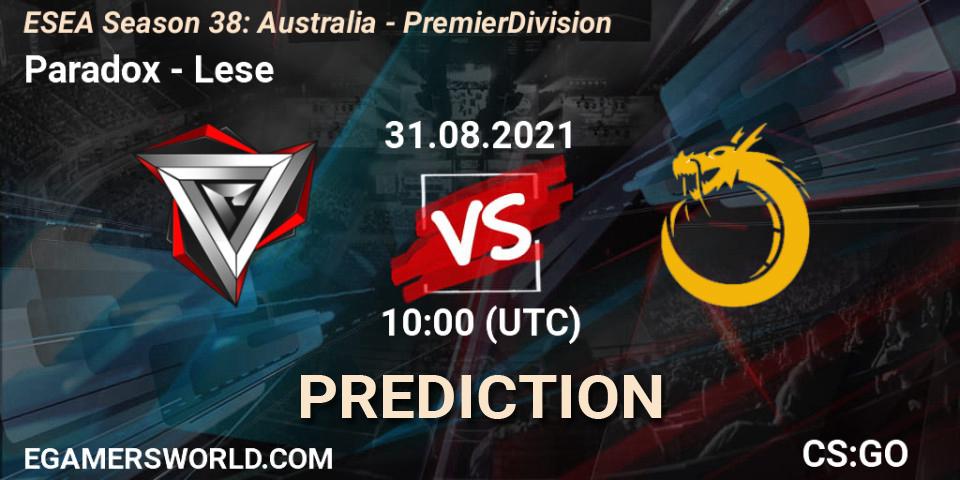 Pronósticos Paradox - Lese. 31.08.2021 at 10:00. ESEA Season 38: Australia - Premier Division - Counter-Strike (CS2)