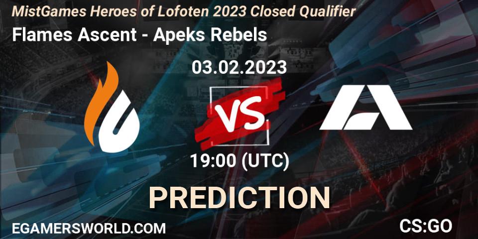 Pronósticos Flames Ascent - Apeks Rebels. 03.02.23. MistGames Heroes of Lofoten: Closed Qualifier - CS2 (CS:GO)