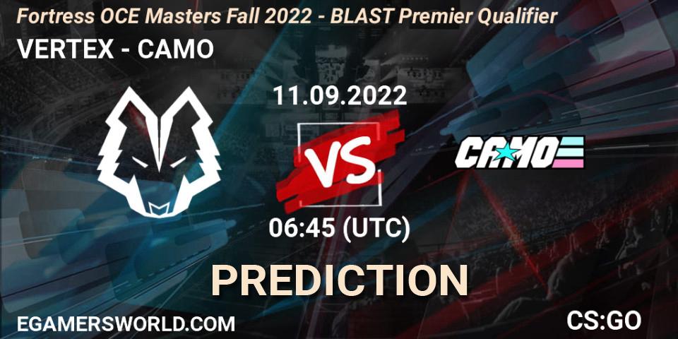 Pronósticos VERTEX - CAMO. 11.09.2022 at 07:20. Fortress OCE Masters Fall 2022 - BLAST Premier Qualifier - Counter-Strike (CS2)