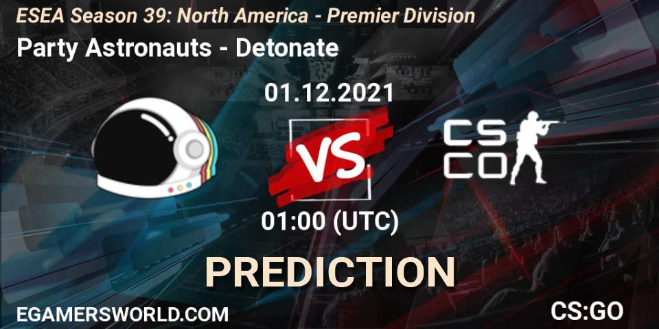 Pronósticos Party Astronauts - Detonate. 07.12.2021 at 02:00. ESEA Season 39: North America - Premier Division - Counter-Strike (CS2)
