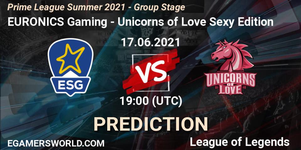 Pronósticos EURONICS Gaming - Unicorns of Love Sexy Edition. 17.06.2021 at 16:00. Prime League Summer 2021 - Group Stage - LoL