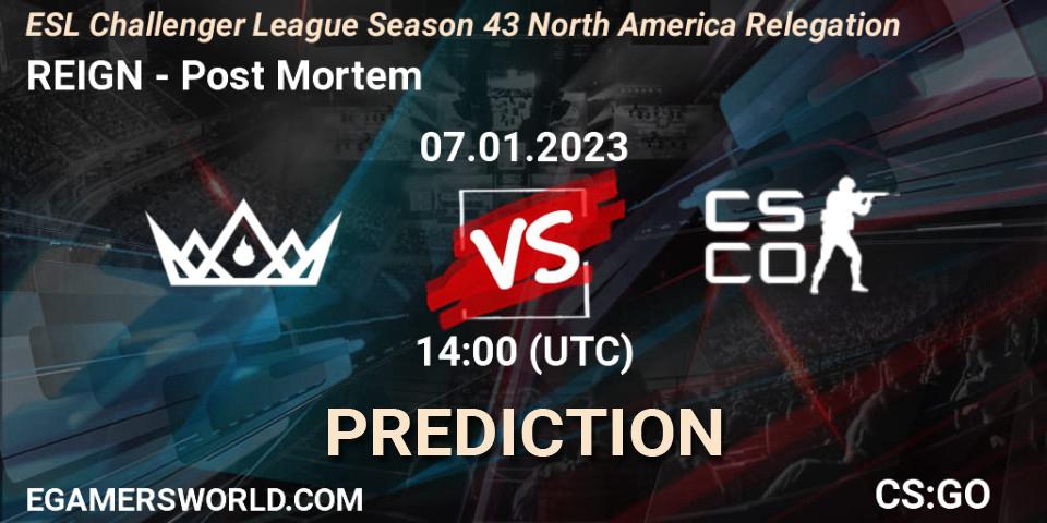 Pronósticos REIGN - Post Mortem. 08.01.2023 at 02:00. ESL Challenger League Season 43 North America Relegation - Counter-Strike (CS2)