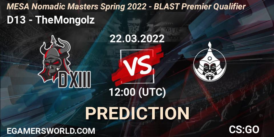 Pronósticos D13 - TheMongolz. 22.03.2022 at 12:00. MESA Nomadic Masters Spring 2022 - BLAST Premier Qualifier - Counter-Strike (CS2)