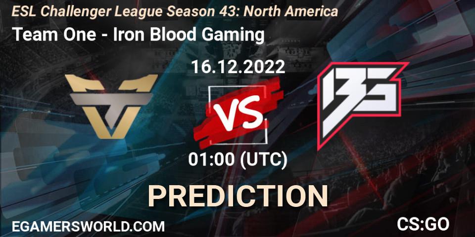 Pronósticos Team One - Iron Blood Gaming. 16.12.2022 at 01:00. ESL Challenger League Season 43: North America - Counter-Strike (CS2)