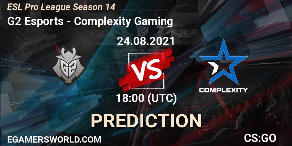 Pronósticos G2 Esports - Complexity Gaming. 24.08.2021 at 18:50. ESL Pro League Season 14 - Counter-Strike (CS2)