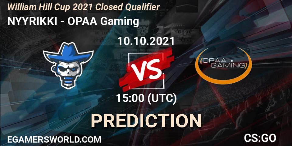 Pronósticos NYYRIKKI - OPAA Gaming. 10.10.2021 at 15:05. William Hill Cup 2021 Closed Qualifier - Counter-Strike (CS2)