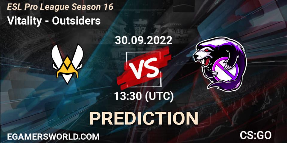 Pronósticos Vitality - Outsiders. 30.09.2022 at 13:30. ESL Pro League Season 16 - Counter-Strike (CS2)