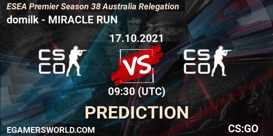 Pronósticos domilk - MIRACLE RUN. 17.10.2021 at 09:30. ESEA Premier Season 38 Australia Relegation - Counter-Strike (CS2)