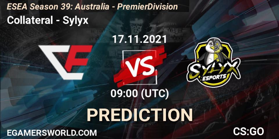 Pronósticos Collateral - Sylyx. 17.11.2021 at 09:05. ESEA Season 39: Australia - Premier Division - Counter-Strike (CS2)