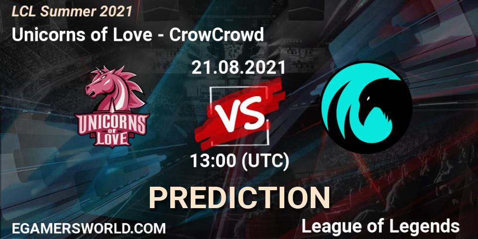 Pronósticos Unicorns of Love - CrowCrowd. 21.08.2021 at 13:00. LCL Summer 2021 - LoL