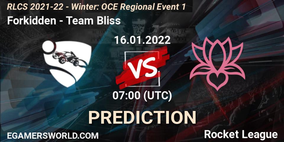 Pronósticos Forkidden - Team Bliss. 16.01.2022 at 07:00. RLCS 2021-22 - Winter: OCE Regional Event 1 - Rocket League