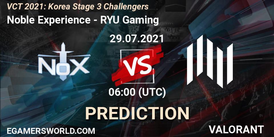 Pronósticos Noble Experience - RYU Gaming. 29.07.2021 at 06:00. VCT 2021: Korea Stage 3 Challengers - VALORANT