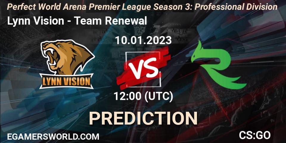 Pronósticos Lynn Vision - Team Renewal. 13.01.2023 at 13:00. Perfect World Arena Premier League Season 3: Professional Division - Counter-Strike (CS2)